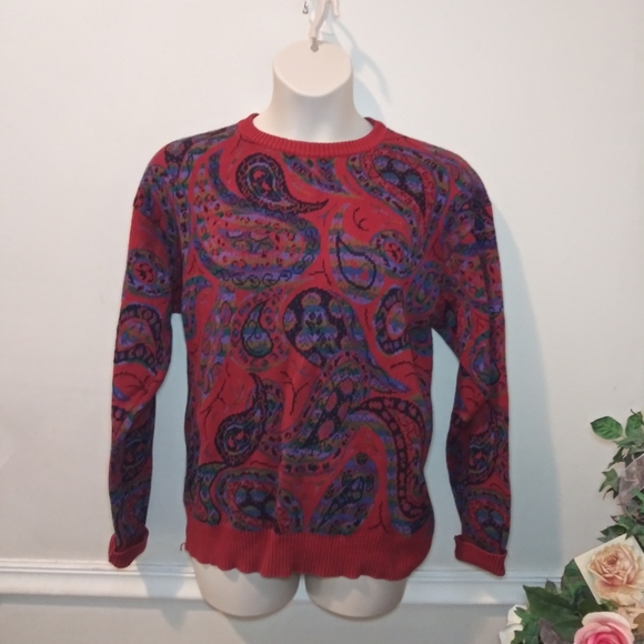 Vintage Other - Vintage 80's Men's Grandpa Style Red & Purple Multicolored Paisley Sweater